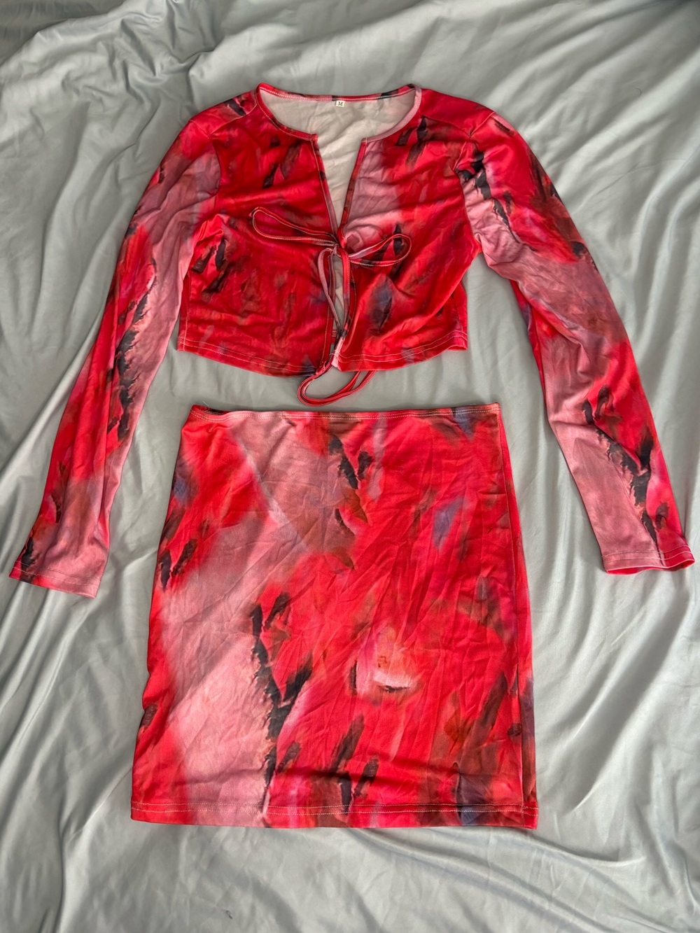 Red Tie-Front Mesh 2 piece skirt set - Women's Stylish Stretch Midi